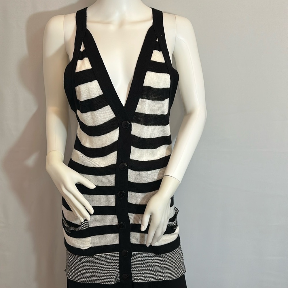Say What Womens Knit Blouse XL Striped Black And White Sleeves Stretch Pockets